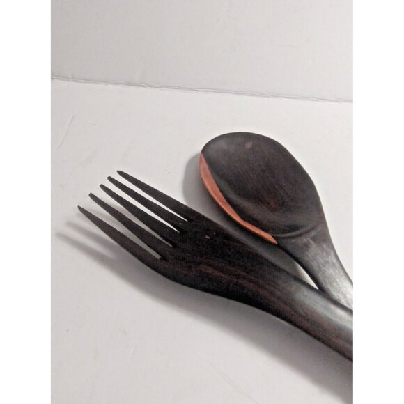 Vintage African Hand Carved Wooden Salad Fork & Spoon 12.5" Elephant  handles - Picture 5 of 10